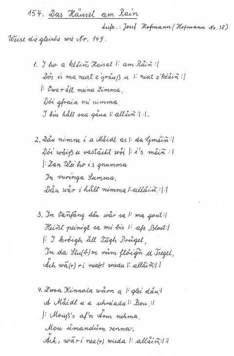 Der Liederschatz des Egerlandes, Band 1, Abschrift Walpurga Fischer, Nr. 154