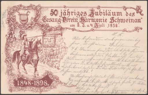 50 jähriges Jubiläum des Gesang-Verein [Gesangverein] „Harmonie Schweinau“ am 2. 3. u. 4. Juli 1898. / 1848-1898.