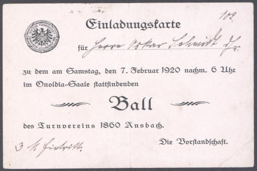 [Einladungskarte Ball Turnverein 1860 Ansbach. Tanzkarte, 1920]