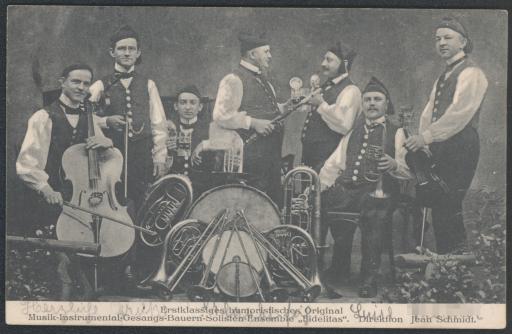 Erstklassiges humoristisches Original / Musik-Instrumental-Gesangs-Bauern-Solisten-Ensemble „Fidelitas“. Direktion Jean Schmidt.