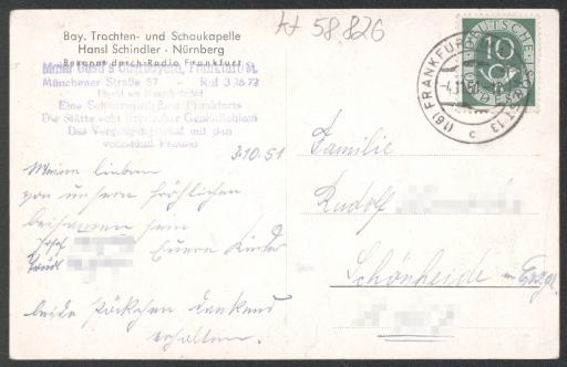 Bay. [Bayerische] Trachten- und Schaukapelle / Hans Schindler – Nürnberg / Bekannt durch Radio Frankfurt